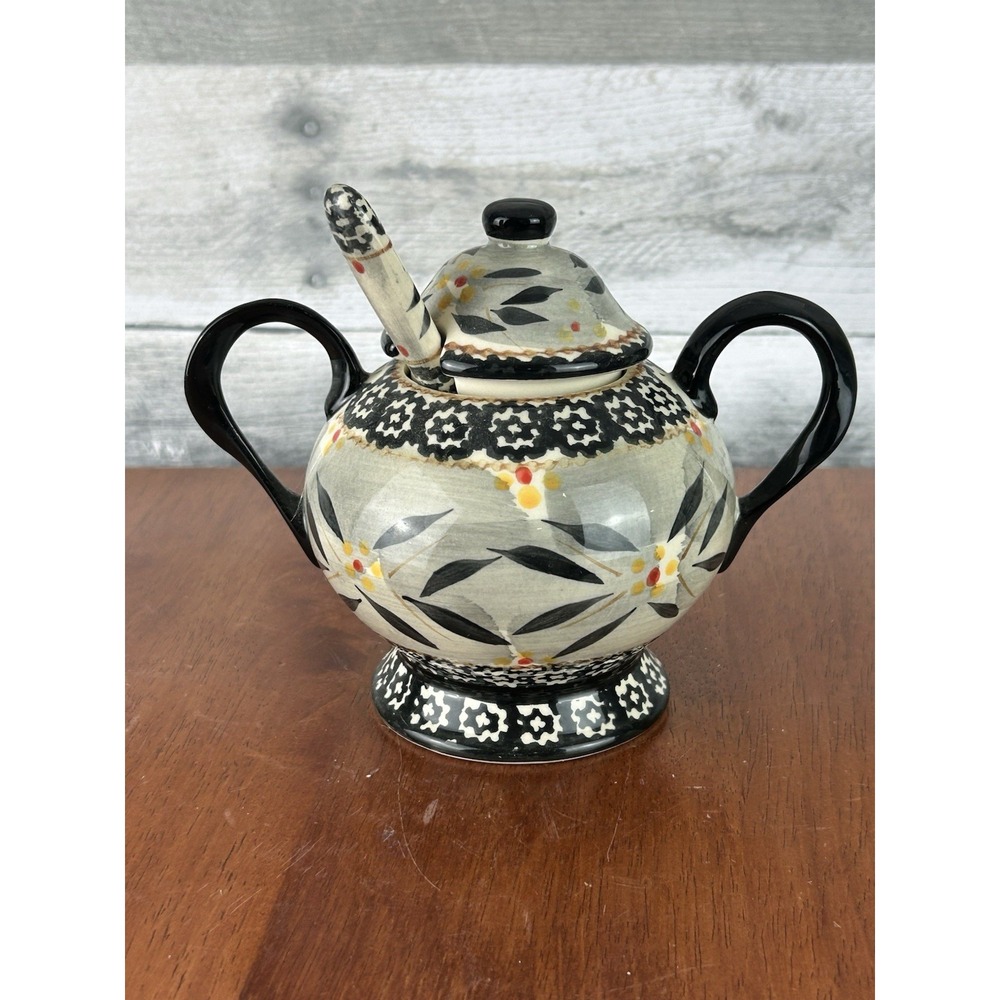 Temp-Tations By Tara Black Old World Footed Sugar Bowl W/ Lid & Spoon